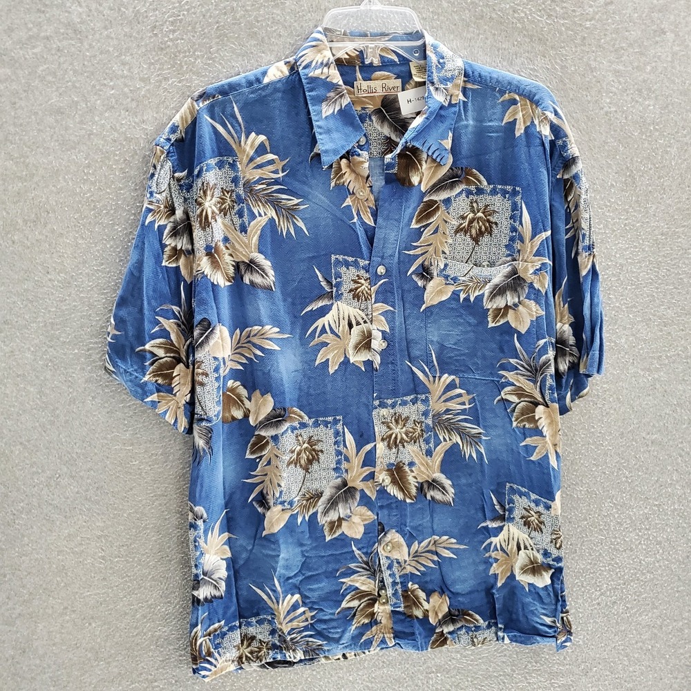 Hollis River Men Button Up Shirt Large Blue Floral Hawaiian Short Sleeve Collar